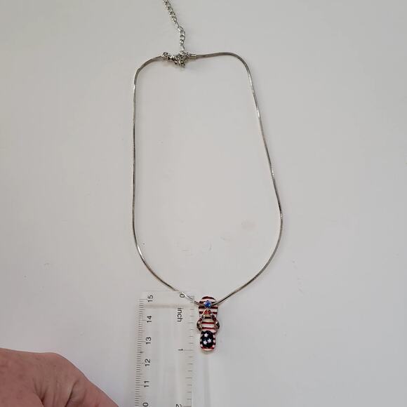 Patriotic Flip Flop Pendant Necklace Red White Blue Rhinestones On Silver Chain - Picture 4 of 10